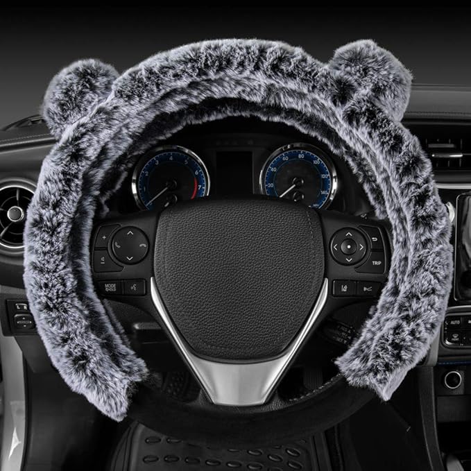 BDK Faux Fur/Wool/Sheepskin Steering Wheel Cover for Women - Cute, Bear Fur, Soft, Fluffy, and Warm, Great for Winter Gray with Ears, 14.5-15