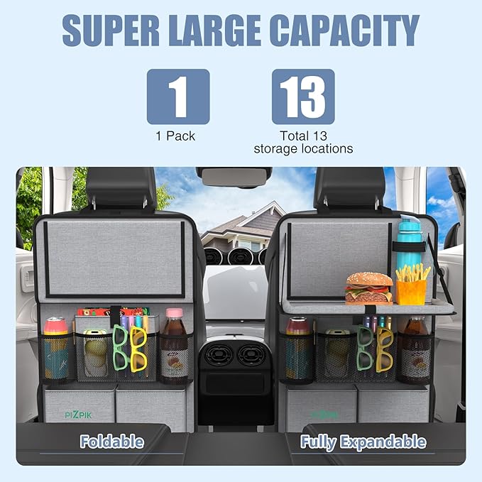 Plzpik Car Backseat Organizer with Tablet Holder,11 Storage Pockets with Foldable Food Tray, Protector Kick Mats for Kids, Travel Accessories Organizer (Gray, 1Pack with Food Tray)
