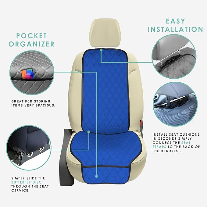 FH Group Car Seat Cushion – Neosupreme Single Front Seat Cover with Front Pockets, Airbag Compatible, Universal Fit Car Seat Cushion for Driver or Passenger Seat, SUV, Truck, Sedan & Van – Blue