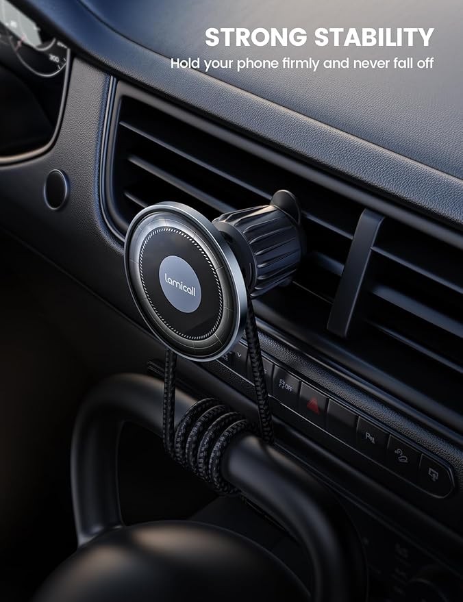 Lamicall For MagSafe Car Mount - [20X Strong Magnets] [Metal Hook] Magnetic Phone Holders for Your Car - 360° Rotation Car Phone Holder Valentines Day Gift for iPhone 16 Pro Plus Max Case & All Phones