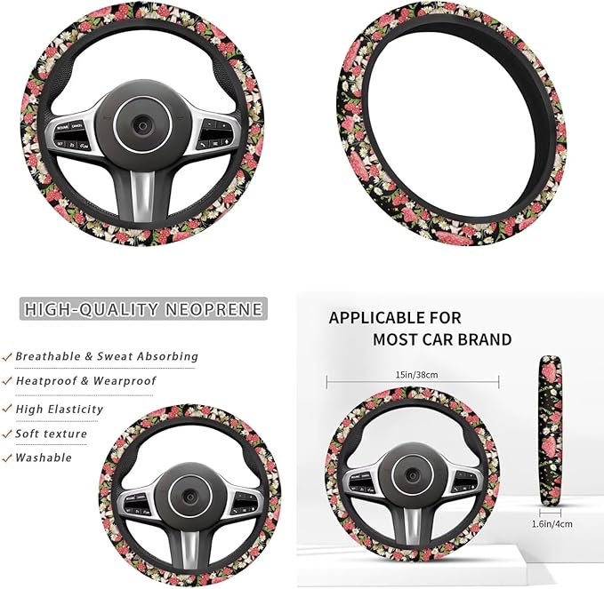 Mushroom Print Car Steering Wheel Cover Set for Men Women Mushroom Car Interior Accessories Cup Coaster Cars Handbrake Cover Universal Fit Truck Van SUV