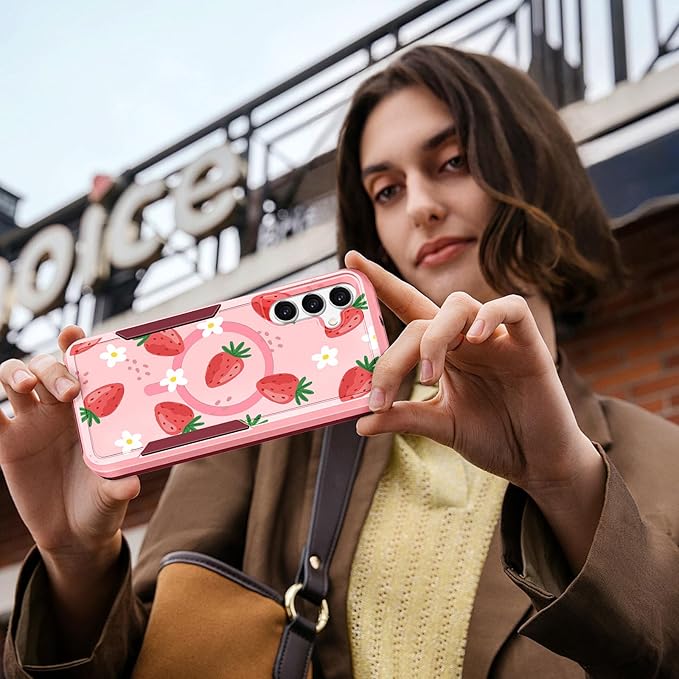 for Samsung Galaxy A14 5G Phone Case - Compatible with MagSafe Women Girls Cute Magnetic Protective Cover Girly Kawaii Strawberry Heavy Duty Shockproof Design for Samsung Galaxy A14 5G Cases