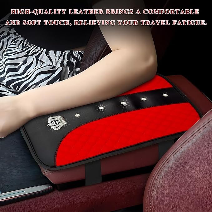 Bling Leather Car Center Console Cover, Anti-Slip Crown Armrest Seat Box Cushion Pad with Rhinestones, Waterproof Crystal Arm Rest Protector Interior Decor for Most Vehicles (Red)