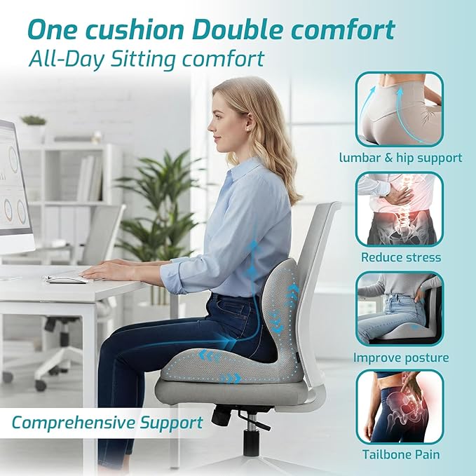 Ergonomic Seat Cushion,Office Chair Cushion with Lumbar Support Pillow,Car Orthopedic Seat Cushions,Designed for Sciatica,Tailbone,Back Pain Relief,for Office,Car,Truck,Home,Desk Chair