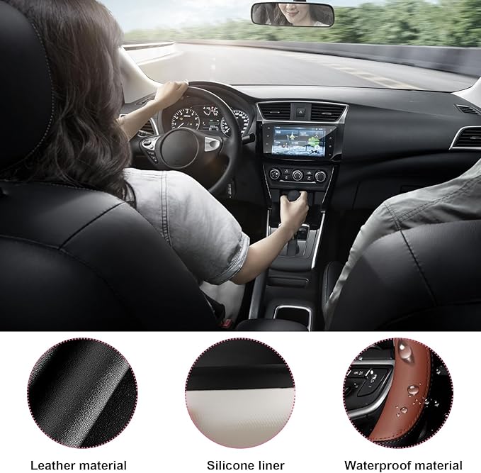 Car Steering Wheel Cover, Universal 15" Anti-Slip Auto Steering Wheel Protector for Men Women, Breathable Odor Free Leather Steering Wheel Car Accessories Fit Most Vehicles (Coffee)