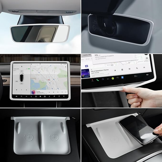 Farmogo Protector Trim Frame for Tesla Model 3 2021-2023 & Model Y 2020-2024 Accessories with Wireless Silicone Charging Mat, Screen Edge Frame and Rearview Mirror Protector Frame (3 PCS White)