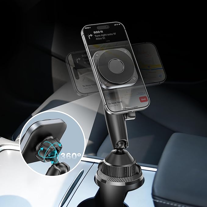 EXELIQ Upgraded Magnetic Cupholder Phone Holder for Car - Ultra Strong N55 Magnets, Flexible Tri-Pivot Cup Phone Mount for Tesla Truck SUV, Compatible with iPhone 17-12 Samsung Android, Not Charger