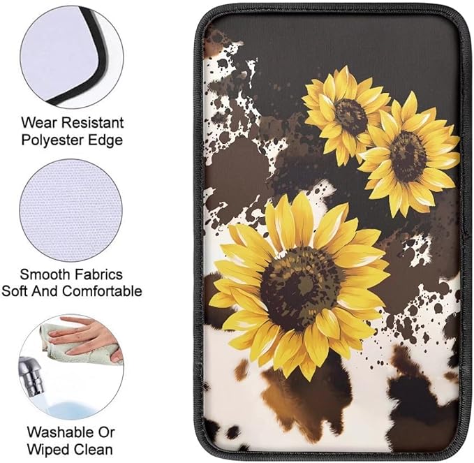 Dreaweet Sunflower Brown Cow Print Center Console Cover Cute Car Accessories for Women Car Armrest Cover Cushion Soft Comfy Car Arm Rest Cover Pad Universal for Most Vehicles