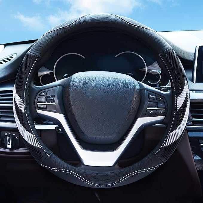 Alusbell Microfiber Leather Steering Wheel Cover Breathable Auto Car Steering Wheel Cover for Women and Men Universal 15 Inches (White)