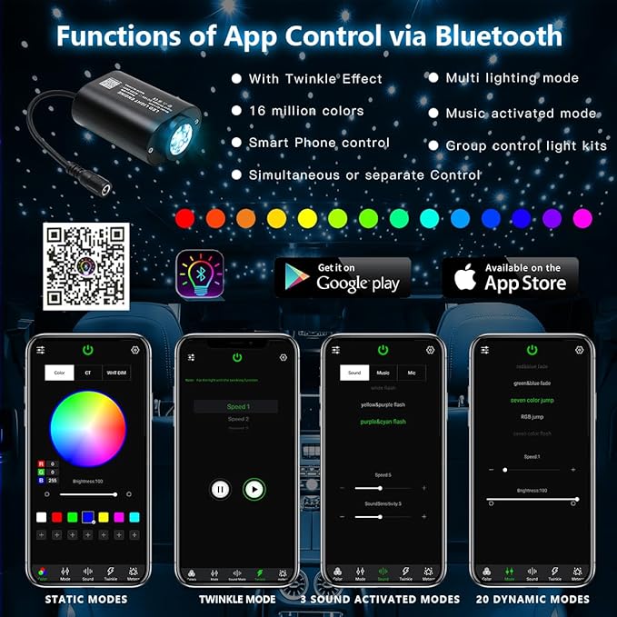 AKEPO Mini Size 6W Twinkle Fiber Optic Light Engine Only, RGBW Bluetooth APP Control + Music Sync + 28-Key Remote Control for Car Home Star Headliner