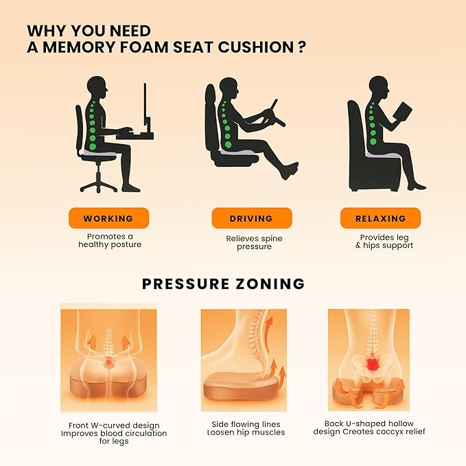 GRAND PITSTOP Memory Foam Seat Cushion for Office Chair Car & Home Orthopedic Tailbone & Sciatica Pain Relief Pad Ergonomic U-Shaped Design with Cooling Foam, Non Slip Base & Washable Cover