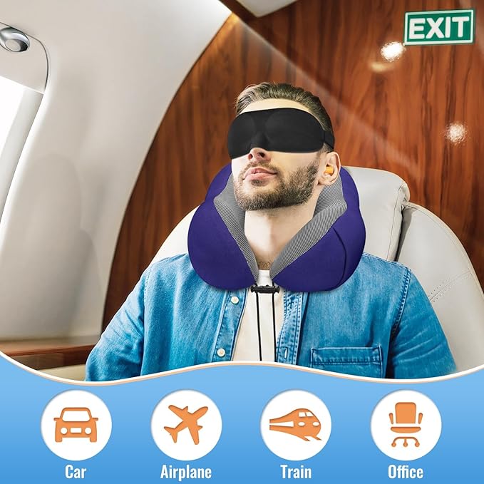 CloudBliss Travel Pillow Premium Memory Foam, Comfortable & Supportive Neck Pillow, Neck Pillows for Sleeping Travel, Airplane Pillow for Sleeping Airplane, Car, Office and Home（Black & Navy）