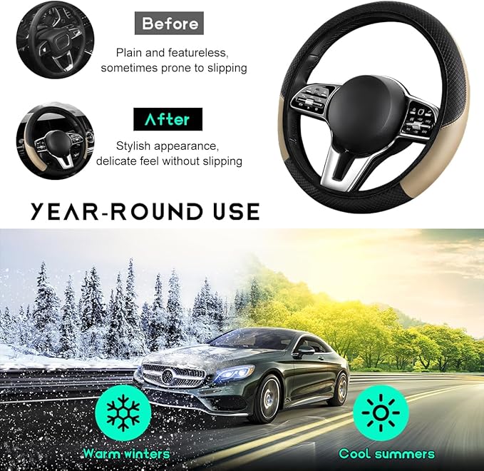 Car Steering Wheel Cover, 15 inch Carbon Fiber Microfiber Leather Elastic Steering Wheel Protector, Breathable Anti-Slip Comfortable Steering Wheel Covers for Most Cars (Beige, AD)