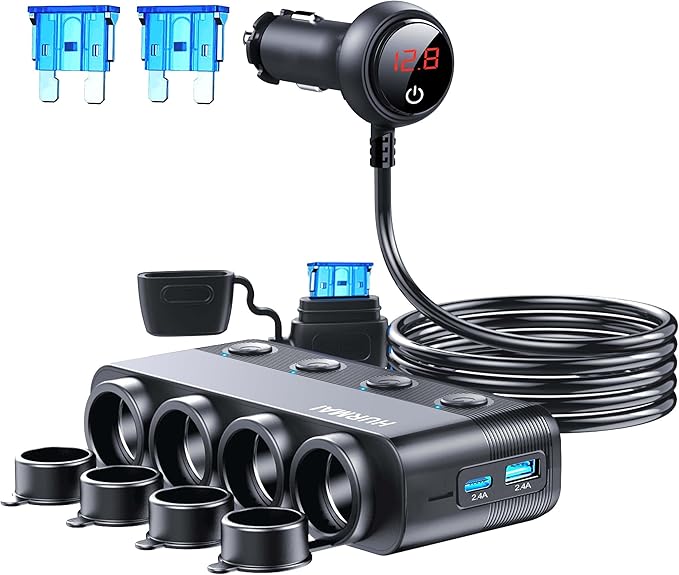 Cigarette Lighter Splitter 216W 4 Socket Car Cigarette Lighter Adapter Heavy Duty Truck Car USB Chager Multi Port USB C 12V/24V Independent Switches & Dust Cover & Waterproof for Car Devices