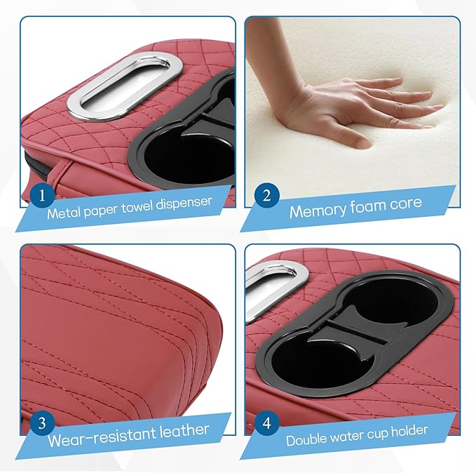 wuyaoyao Car Center Console Armrest Pillow, 13.78"×7.48"×2.56" Leather Arm Rest Cover for Cars, Memory Foam Auto Armrest Cushion Pad with Pocket, Cup Holder & Tissue Box, Car Accessories (Wine Red)