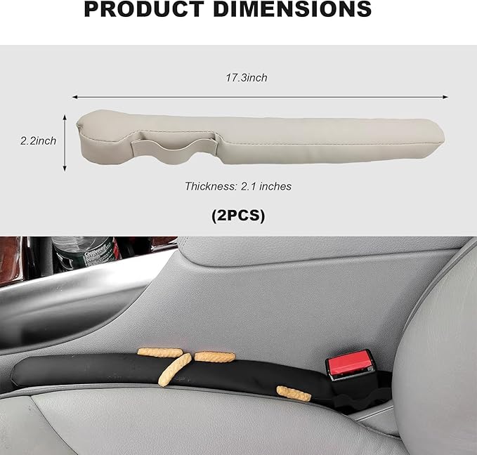 2PCS Leather Car Seat Gap Filler, No-Drop Seat Side Gap Plug Crevice Blocker with Securing Strap, Elastic Filler Block The Gap Between Seats & Console for Truck SUV Sedan (Beige)