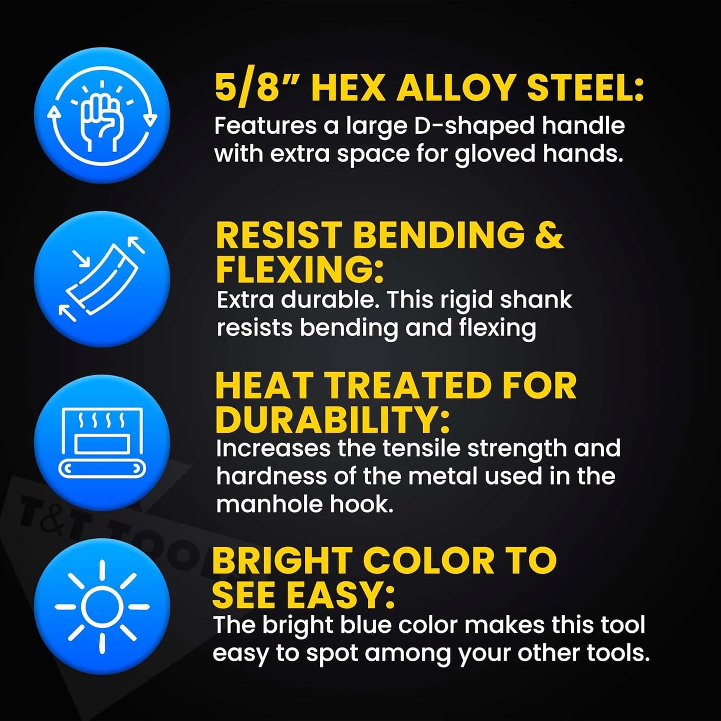 T&T Tools 30-Inch Manhole Hook Tool - Heavy Duty Single Hook for Lifting Manhole Covers, Storm Drains, Septic Tank Risers - Rigid Hex Alloy Steel Tool for Lifting, Pulling, and Removing Covers-6 Pack