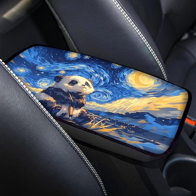 Auto Center Console Pad, Oil Painting Starry Sky Panda Armrest Covers for Trucks Vans SUV Cars, Car Interior Decor Accessories for Women Men Easy to Install