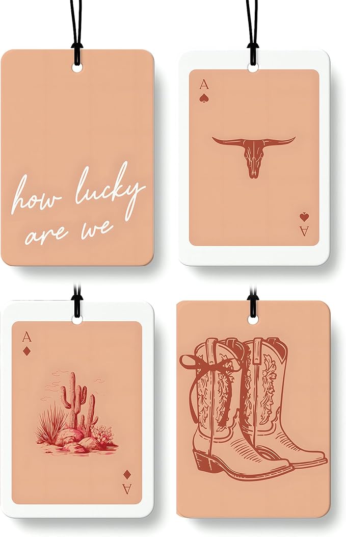 Boho Orange Western Car Air Freshener 4 Pcs, Preppy Cowgirl Cow Skull Cactus Ace Card Hanging Air Freshener for Cars Closet Drawer Books, Cute Western Car Accessories Mirror Decor for Women