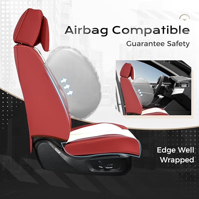 Coverado Seat Covers, Car Seat Covers Front Seats, Car Seat Cover, Car Seat Protector Waterproof, Seat Cushion Nappa Leather with Head Pillow, Carseat Cover Universal Fit for Most Cars (Red&White)