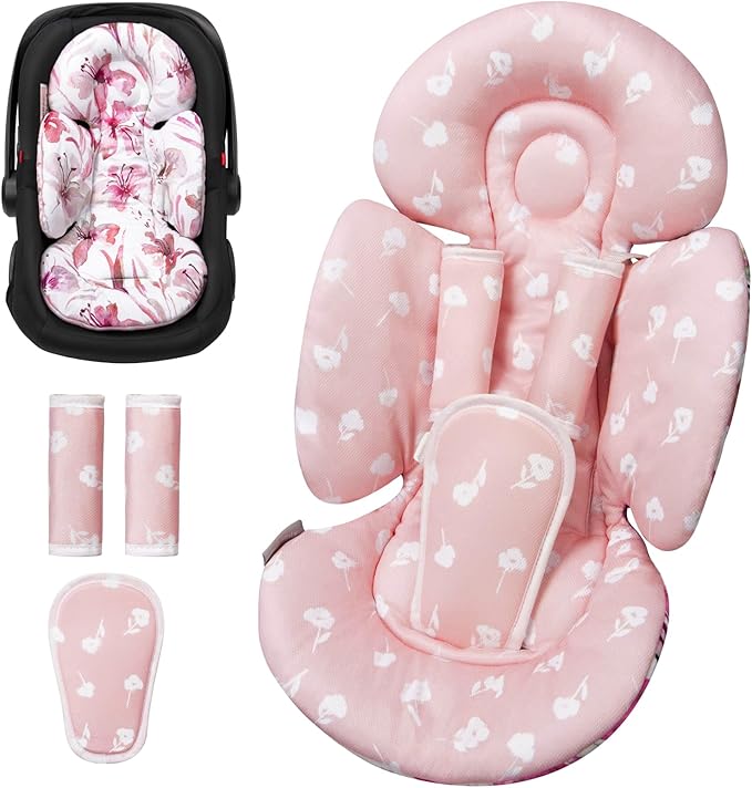Newborn Car Seat Insert, Head and Body Support, Reversible Infant Insert Compatible with Baby Carseat, Stroller, Mamaroo Swing, Rocker, Bouncer. Baby Car Seat Cushion - Pink Floral