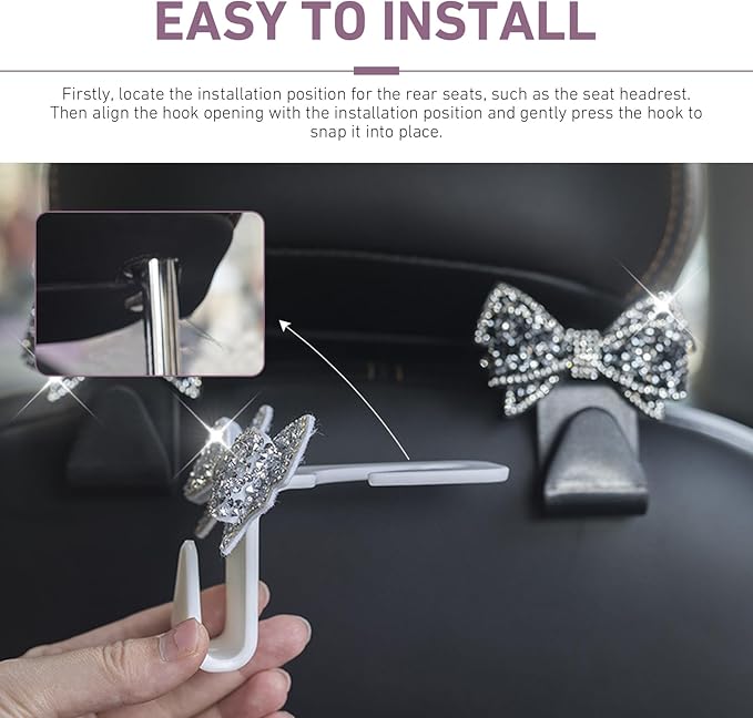 2 PCS Car Seat Headrest Hooks, Bling Rhinestone Bow Hangers, Invisible Backseat Storage Hooks, Universal for Most Cars, SUVs, Vehicles (Black)