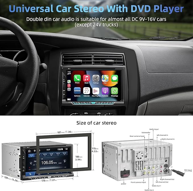 Double Din Car Stereo with Carplay&Android Auto,7 Inch HD Touchscreen Car Radio Support CD DVD Player,Bluetooth,Backup Camera,Mirror Link,SWC,Subwoofer,USB/TF/AUX Input, AM/FM Car Stereo Receiver