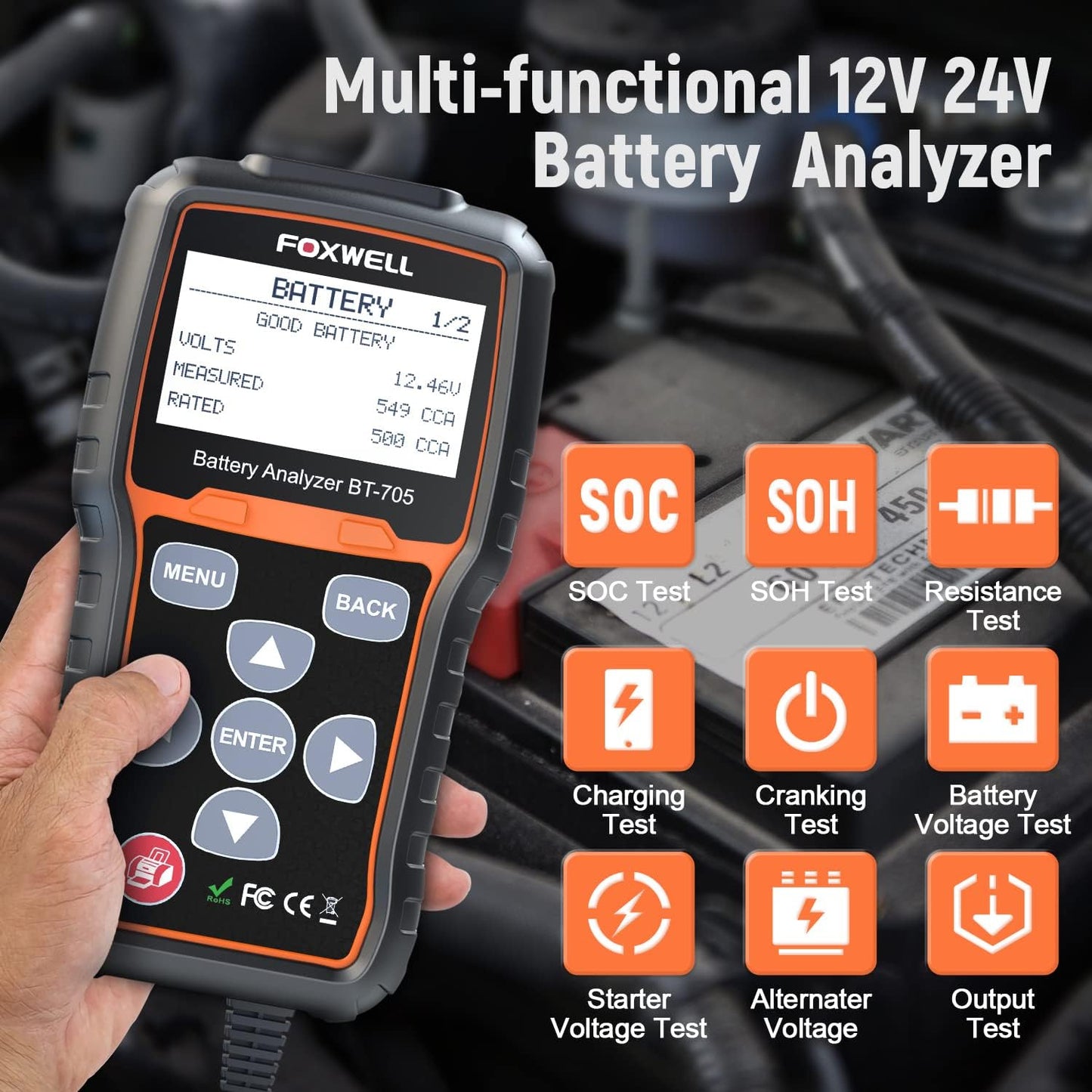 FOXWELL BT705 Car Battery Tester 12V 24V, Automotive 100-2000CCA Battery Load Tester Analyzer, Digital Cold Cranking Charging System Alternator Tester for Heavy Duty Truck Boat Marine SUV ATV