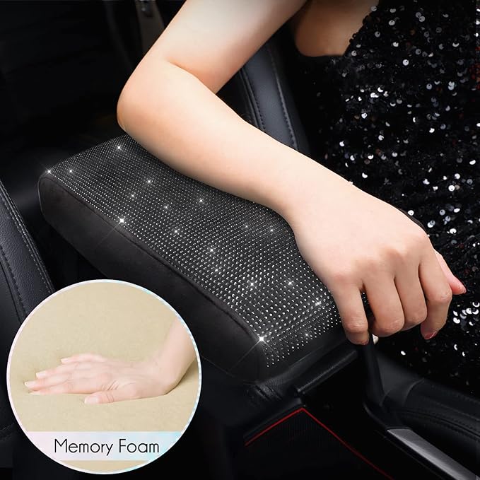 SEG Direct Diamond Auto Center Console Cover, Bling Car Armrest Cover, Memory Foam Armrest Cushion Pad with Crystal Rhinestones, Universal Seat Box Cover, Black Diamond
