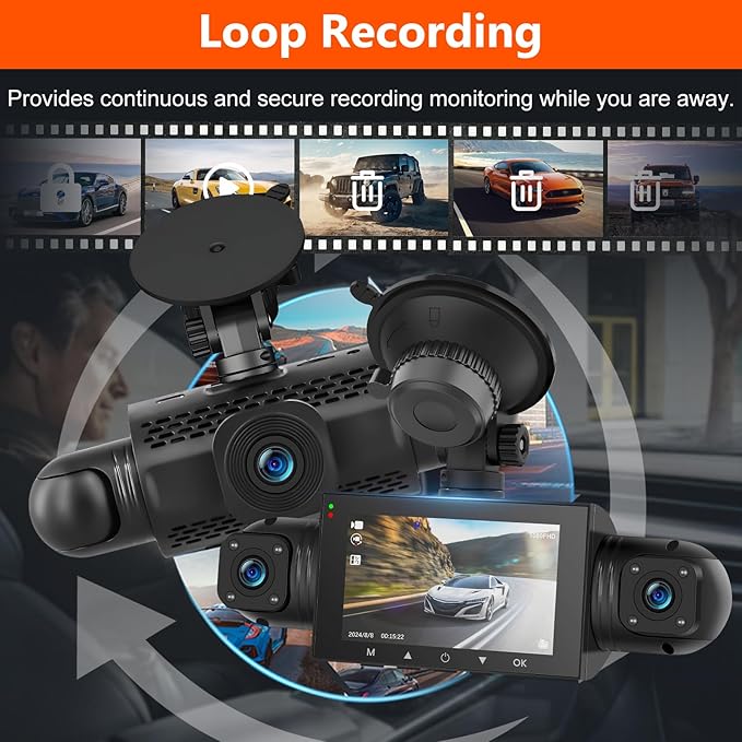 Podofo 360° Dash Cam Front and Rear Inside,4 Channel 3" IPS Touchscreen Dash Cam Front and Rear Inside Left Right,4*1080P Dash Camera with 8 IR Night Vision,Loop Recording,G-Sensor,24 Hours Recording