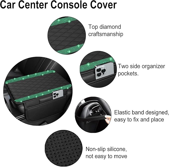 NBTEPEM Bling Car Center Console Cover, Leather Car Arm Rest Cover Cushion with 2 Storage Bags, Universal Auto Armrest Protector Storage Box, Bling Accessories Interior for Most Vehicles (Green)