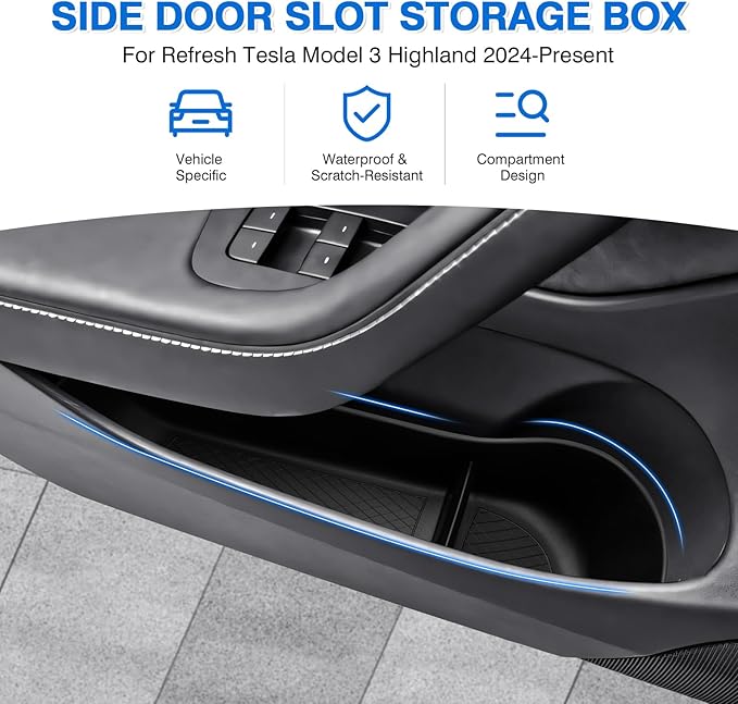 Canvcle Door Side Storage Box and Trash Can for 2024 2025 2026 Refresh Tesla Model 3 Highland Accessories Front Rear Door Insert Slot Storage Tray Organizer Protector Garbage Bin with Trash Bags 6PCS