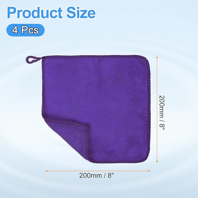 HARFINGTON 4 Pack Microfiber Cleaning Cloth, 8" x 8" Multi-Functional Cleaning Towels Reusable Absorbent Rags with Hook for Car Wash Kitchen Household Window Clean, Purple