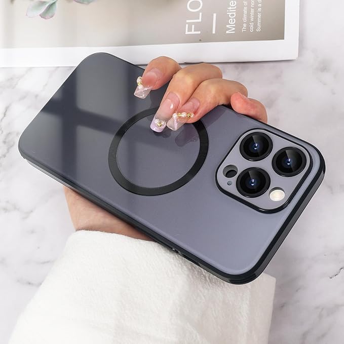 Guppy Compatible with iPhone 15 Pro Case Magnetic, with Full Camera Lens Protector [Compatible with MagSafe] Scratch Resistant Gradient Glass Back Cover Phone Case-Black