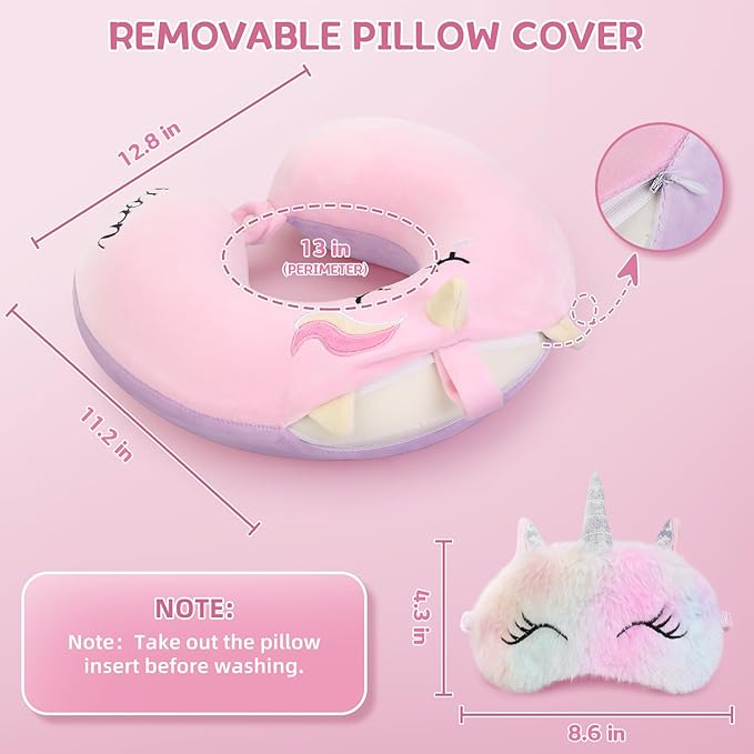 Kids Neck Pillow, Unicorn Kids Travel Neck Pillow for Traveling with Eye Mask, Toddler Travel Essentials for Road Trip Airplane Car Seat, Cute Headrest Memory Foam Pillows for Girl Gift (Pink)