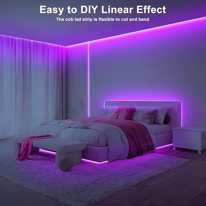 Tatazone 16.4ft Purple COB Led Strip Lights with Remote, Dimmable Bright Dotless Adhesive Indoor Led COB Light Strip for Cabinet, Painting, Room, Bed