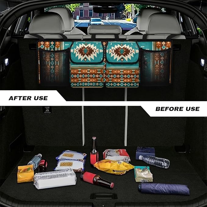 Navajo Aztec Tribal Car Trunk Organizer Ethnic Style Waterproof Backseat Hanging Organizer Multipurpose Cargo Accessory,Frees Trunk Floor