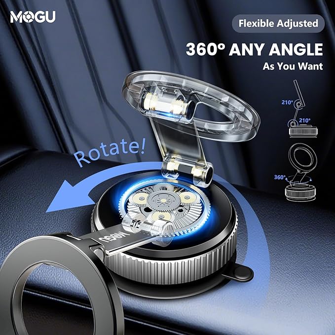 Vacuum Magnetic Car Phone Holder-118LBS Strong Suction+2800gf Magnet,360° Adjustable Dashboard Mount, Hands-Free Cell Phone Stand for iPhone/Samsung MagSafe, Works on Mirror/Gym/Kitchen &Multi-Surface
