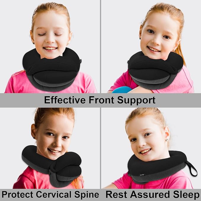 BUYUE Kids Travel Pillows for Airplane, 360° Head Support Sleeping Essentials for Children Long Flight, Skin-Friendly Soft Neck Pillow for Traveling in Car Seat, (Small, Black Grey, 40-90 lbs)