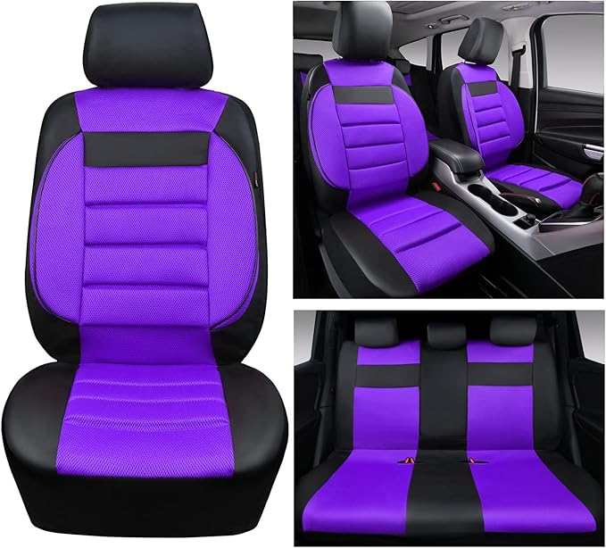 CAR PASS Leather 3D Foam Back Support Car Seat Covers Full Set Air Mesh Automotive Seat Covers, All Season Car Seat Cover Fit Automotive,SUV,Sedan,Van, Airbag Compatible Elegance (Black Purple)