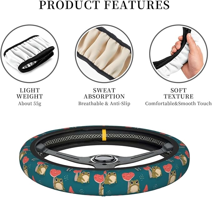 Mushroom Frog Steering Wheel Cover Women Men Elastic Stretch Soft Car Wheel Protector Universal Breathable No-Slip Car Accessories for Truck Van SUV Auto Fit 14-15 Inches