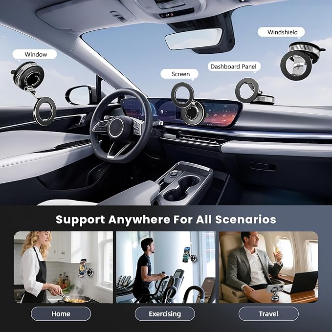 Vacuum Magnetic Car Phone Holder-118LBS Strong Suction+2800gf Magnet,360° Adjustable Dashboard Mount, Hands-Free Cell Phone Stand for iPhone/Samsung MagSafe, Works on Mirror/Gym/Kitchen &Multi-Surface