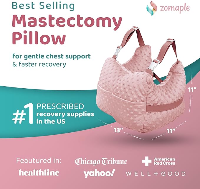 Zomaple Mastectomy Recovery Pillow with Strap, Swirly Gel Pack, Seat Belt Cover & Shower Lan – Post Mastectomy Must Haves, Breast Augmentation/Reduction & Mastectomy Recovery Supplies – Washable Cover