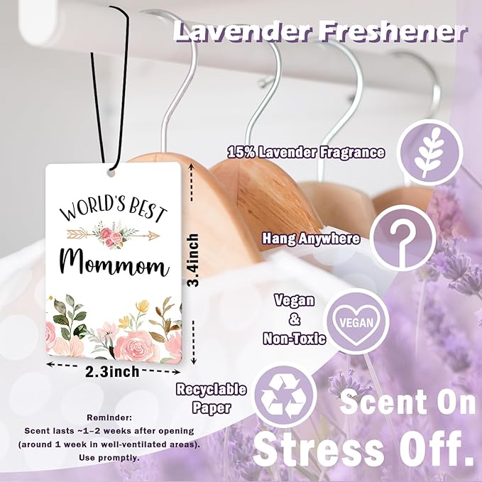 Mommom Grandma Gifts Car Air Freshener Accessories 3pcs,World's Best Gifts for Granmda Christmas, Pink Flower Rustic Hanging Scent Lavender Fragrance Card for Women Closet Bathroom Home Decor