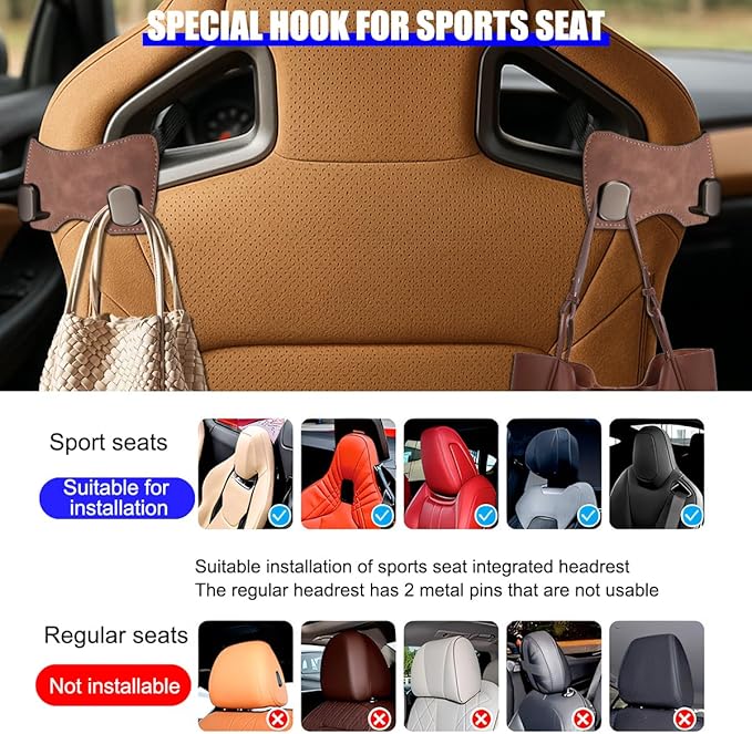 Car Headrest Hook, 2PCS Suede Vehicle Back Seat Storage Hanger with Double Metal Hook, Automotive Seatback Organizer for Purse Handbag Coat, Compatible with Most Sport Seat (Brown)