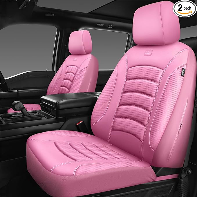 CAR PASS 3D Foam PU Leather Pink Car Seat Covers, Universal Seat Covers Front 2 for Trucks SUV Sedan Automotive Seat Covers Armrest Airbag Compatible Waterproof Comfortable Faux Nappa Leather All Pink