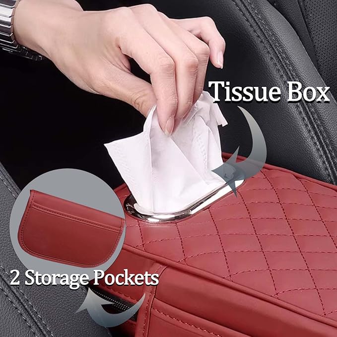 Car Center Console Armrest Pad for Lincoln, Leather Cover with Storage Pocket & Tissue Box Holder, Memory Foam Cushion for Aviator Standard SUV 2020-2025,Brown