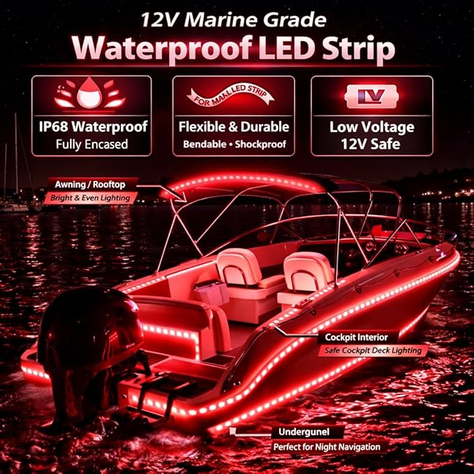 12V Marine Boat LED Light Strip Super Bright, 2 Pack 6.56FT IP68 Fully Waterproof RV Front Cap Lights, Golf Cart Underglow Roof Lights Strip for Truck ATV UTV SUV Car Pickup Trailer, Cuttable, Red