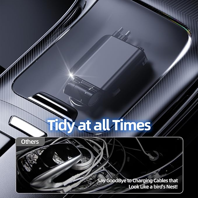 [2026 Ultra-Slim, 75% Less Space] Retractable Car Charger with Starlight, Max 120W USB C Car Charger Adapter, Cars Phone Chargers Fast Charging, Car Chargers for iPhone 17 16 Pro Max Plus and Android