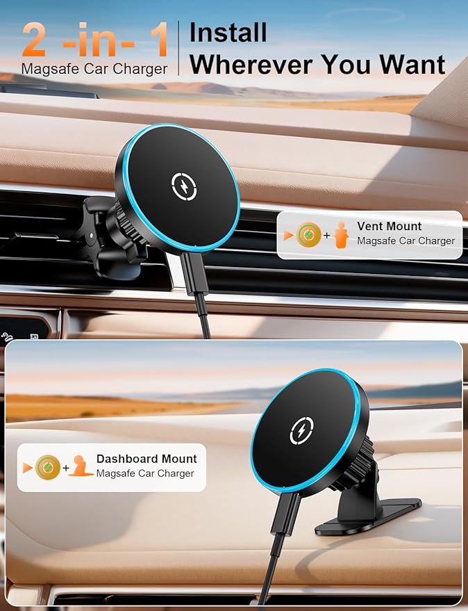 for Magsafe Car Mount Charger, [100% Stable] 15W 2 in1 Magnetic Wireless Car Charger, Vent/Dashboard Phone Holders for Your Car for Women Men Car Phone Holder Car Charger for iPhone 17 16 15 14 13